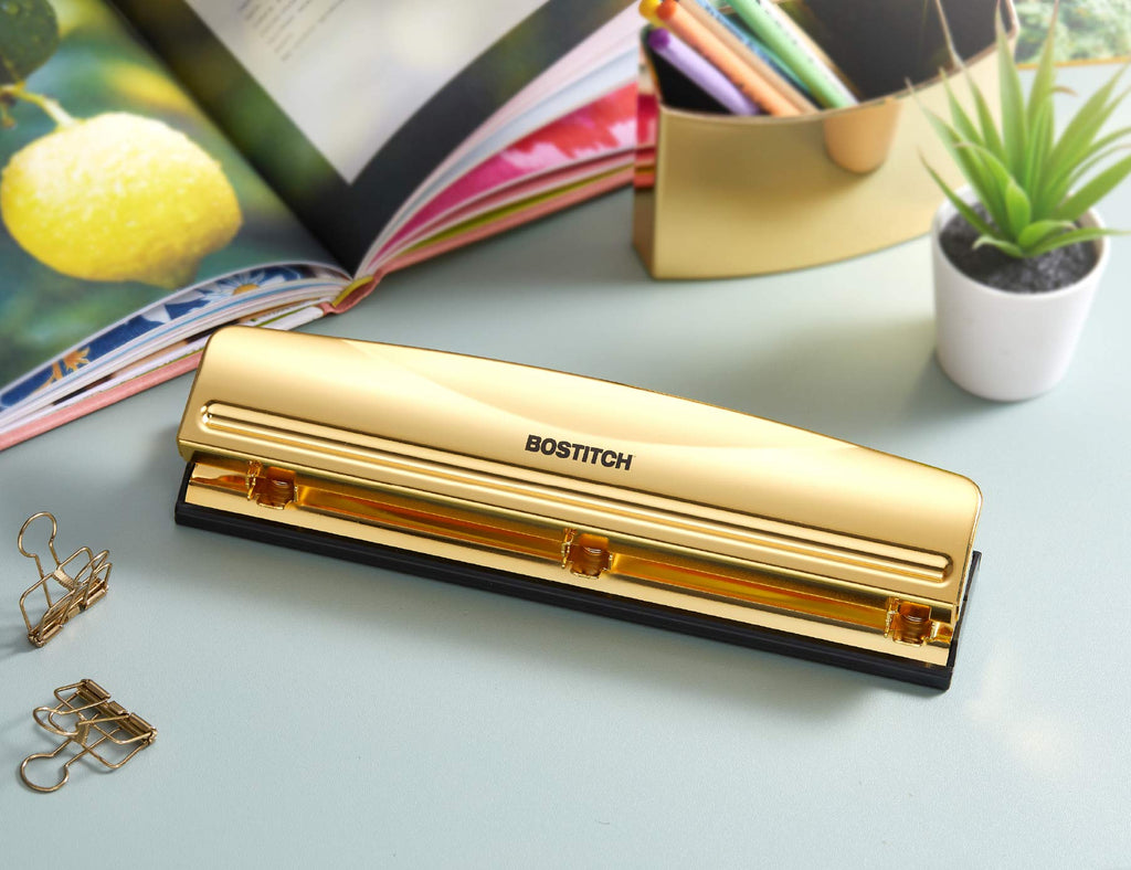 Bostitch Office 3 Hole Punch, 12 Sheet Capacity, Durable Metal, Gold Chrome, Rubber Base