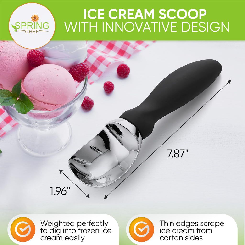 Spring Chef Heavy Duty Ice Cream Scoop with Comfortable Handle - Professional Ice Cream Scooper for Gelato, Sorbet, Cookie Dough, Melon, Frozen Yoghurt - Dishwasher Safe Metal Kitchen Tool - Black