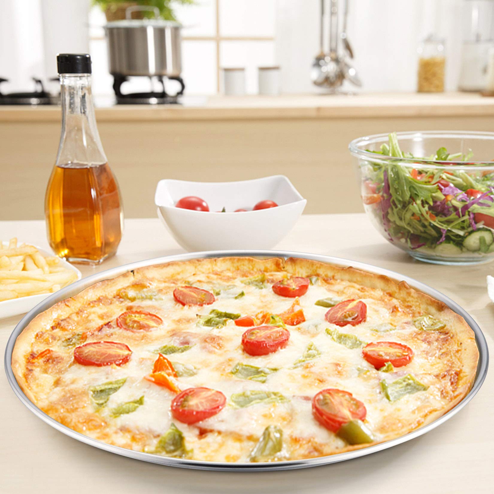 13½ Inch Pizza Pan Set of 2, P&P CHEF Stainless Steel Pizza Tray, Round Pizza Plate for Pie Cookie Pizza Cake, Non Toxic & Heavy Duty, Brushed Finish & Easy Clean