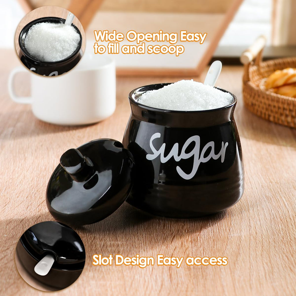 Ymyaye Ceramic Sugar Bowl with Lid and Spoon, 12oz Porcelain Sugar Jar for Home and Kitchen Decor (Black)