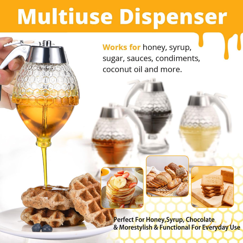 Honey Dispenser, 8oz Hunnibi Honey Container Dispenser No Drip Glass With Stand, Bee Container & Coffee Syrup Jar For Tea Time & Gifting, Elegant Comb Pot Bottle For Maple Syrup Bee