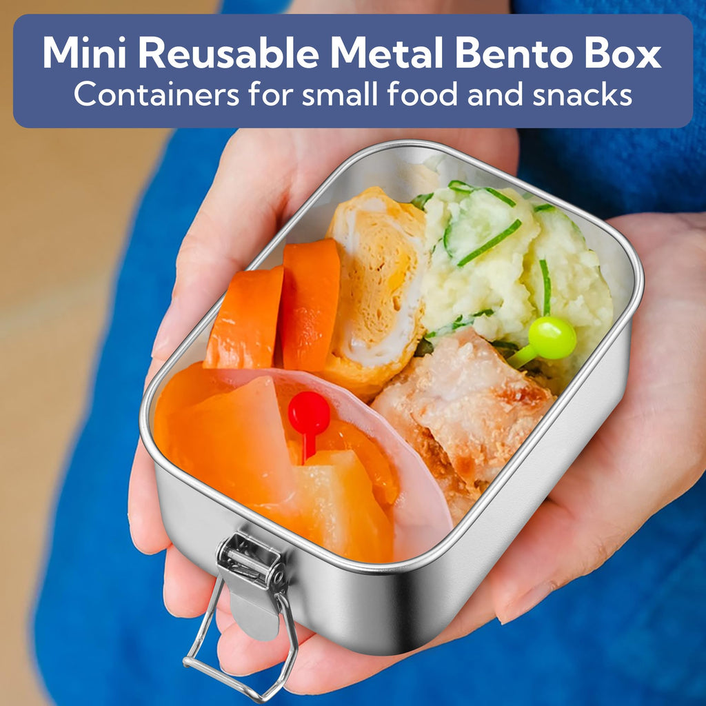 E-far 4 Pieces Stainless Steel Bento Box, Mini 550ml Metal Lunch Box, 18.6oz Leak-Proof Food Snack Container with Lids, Reusable Meal Storage for Camping Picnic Travel Work