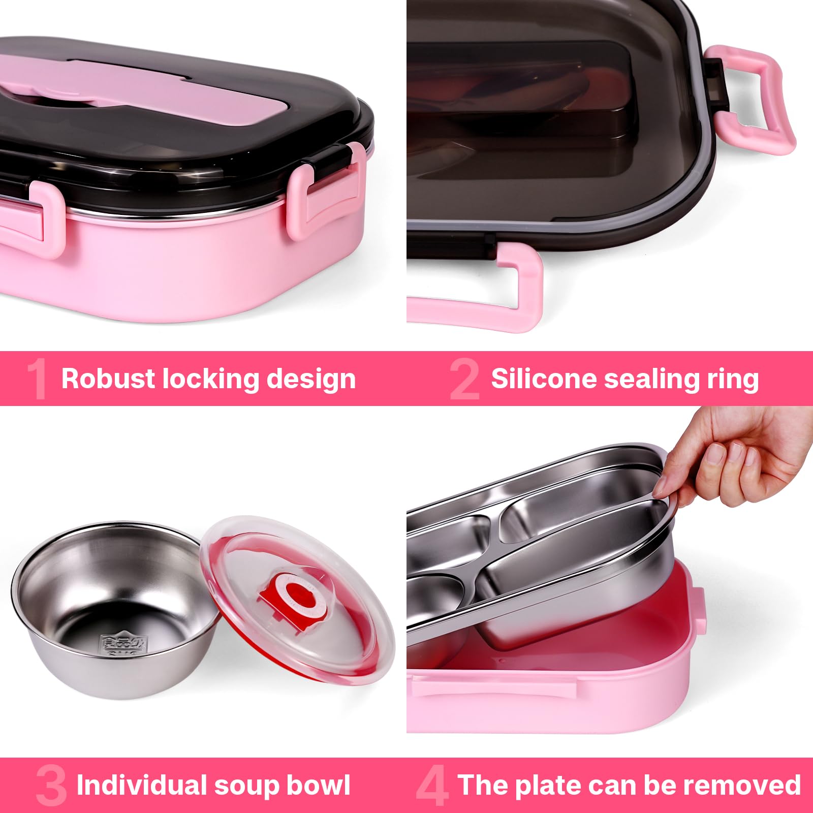 1.5L 4-Compartment Stainless Steel Bento Lunch Box with Soup Container Meal Prep Lunch Containers, Leakproof Food Storage Box for Office, School, Picnic,Work,Travl (Pink, 1500ML)