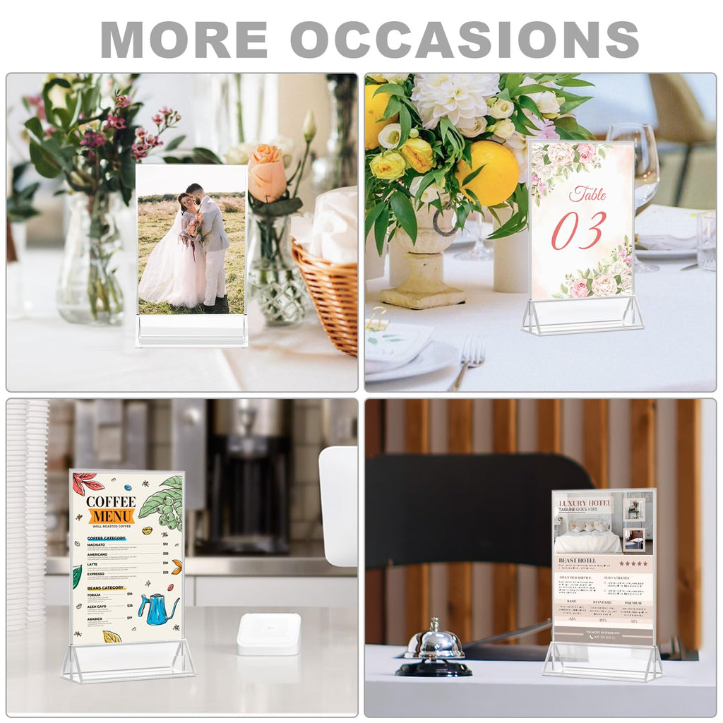 EHWINE 12 Pack Acrylic Sign Holder 4 x 6, Double Sided Silver Picture Frame Stand up Table Top Sign Holders, Clear Display Stand Menu Flyer Holder for Wedding Party(Provide Non-slip Mats)