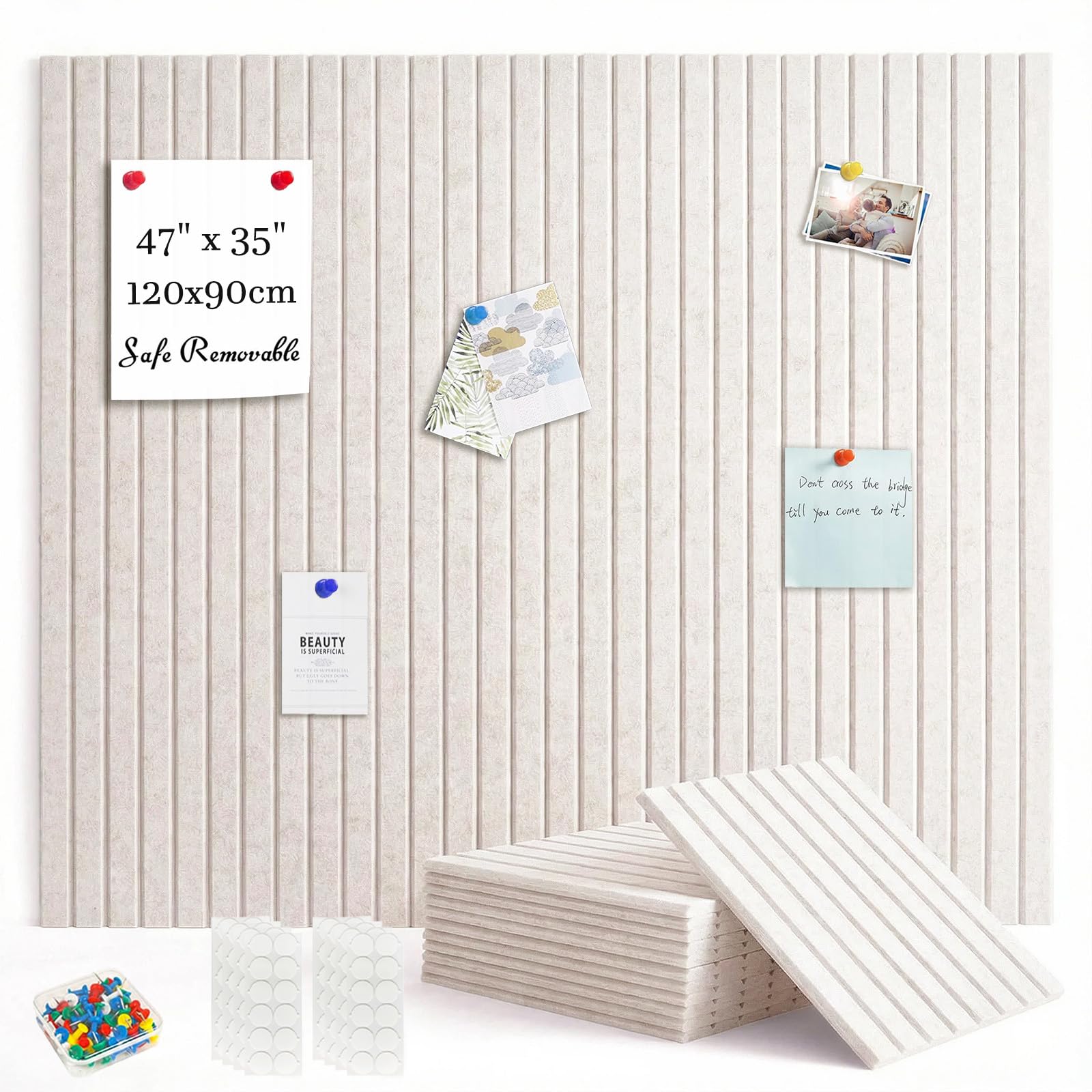 Acidea Large Cork Board Alternative, 120x90cm 12pcs Felt Wall Tiles with Safe Removable Adhesive Tabs and 50 Push Pins, Felt Cork Board for Home Office Wall Decor Tack Board, Light Beige ﻿