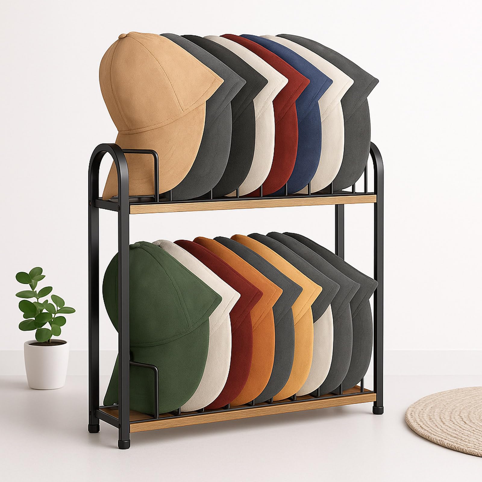 SWTYMIKI Hat Stand for Baseball Caps - 2 Tier Wood & Metal Removable Tabletop Hat Organizer Storage Display Rack, Hat Rack Holds up to 20 Caps for Desk, Closet Shelf, Dresser