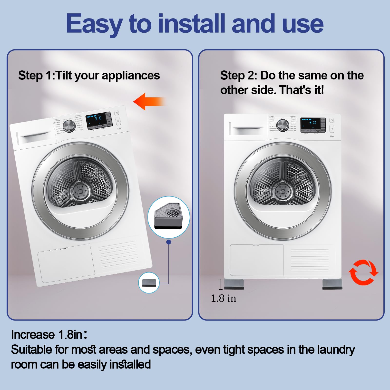 4Pcs Anti Vibration Pads for Washing Machine, Stops Washer Dryer Moving, Prevents Noise, Vibration Transfer, Antivibration Stabilizer Support Feet (Increase1.8in)