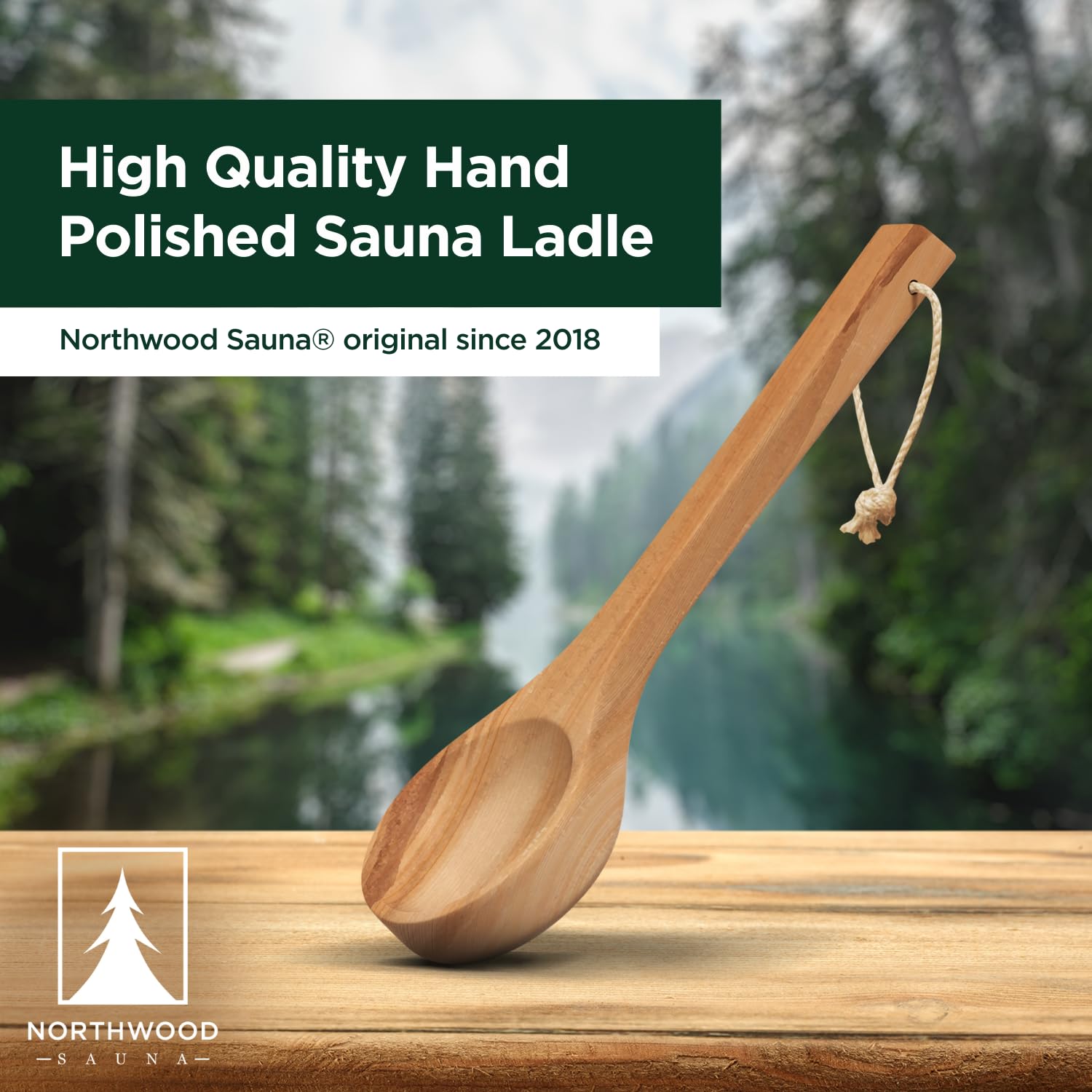 Northwood Sauna - Sauna Ladle - Handmade from Canadian Red Cedar Wood - Natural Rope - 14″ Handle & 100 mL (3.4 oz) Capacity Spoon