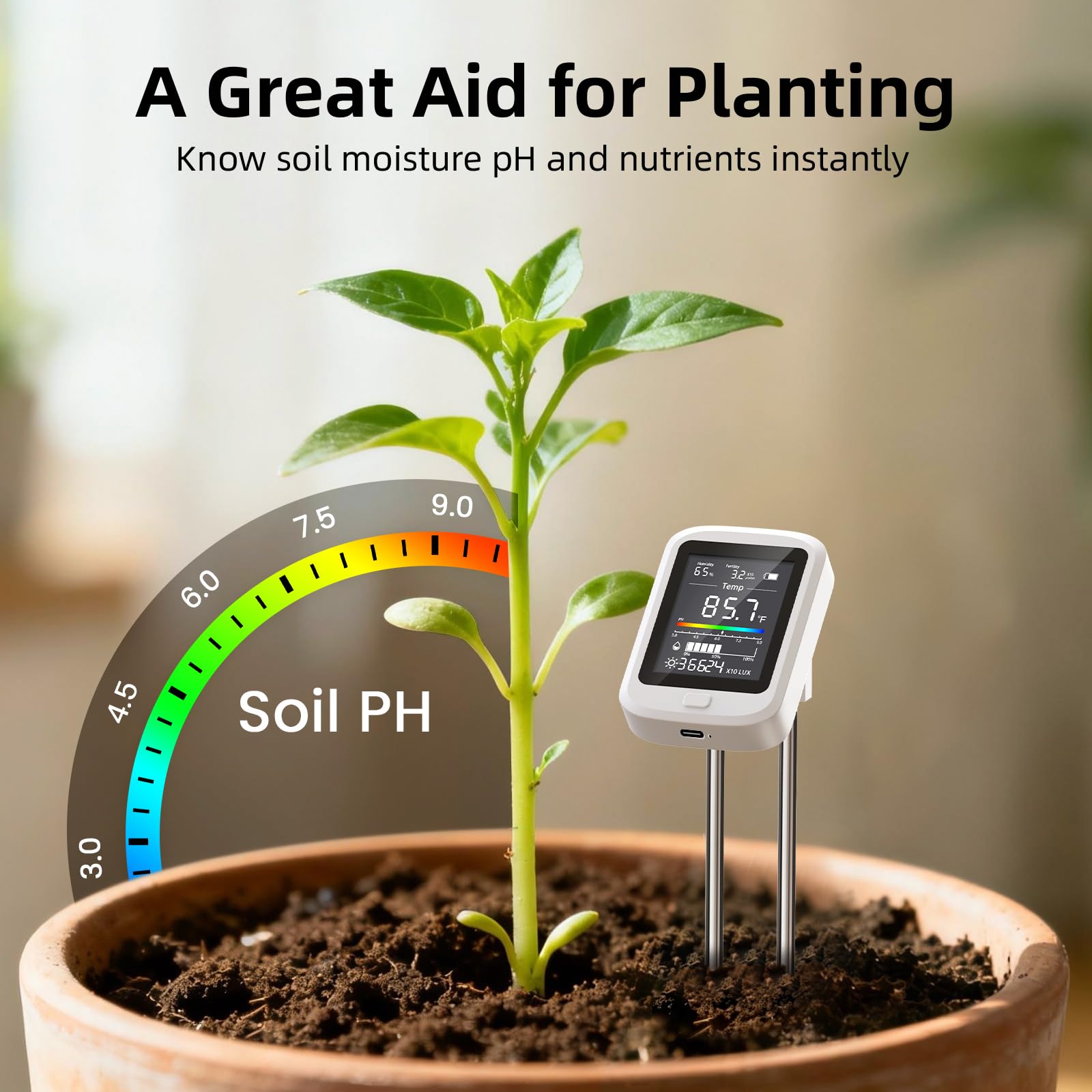 6-in-1 Soil Meter with Ph, Moisture, Fertility, Temperature, Sunlight & Humidity Sensor, Soil Test Kit for Garden, Farm & Lawn Plant Care, Multi-Function Tester Ideal for Plants Lover Gifts