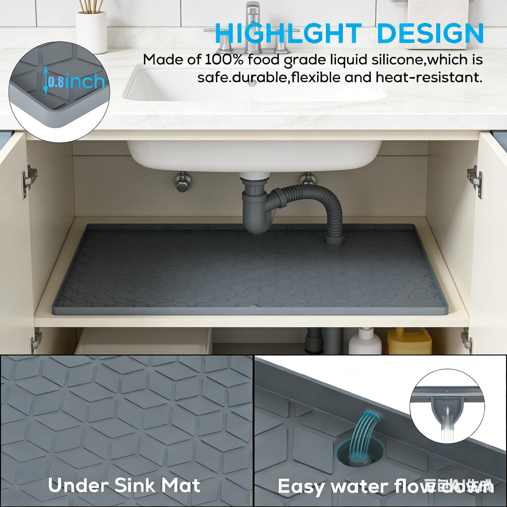 Under Sink Mats 14"x22" for Kitchen, Silicone Waterproof Liner, Sink Silicone Tray with Drain Hole, Storage and Organizers, Cabinet and Counter Protector,Litter Mat, Pet Cat Puppy Essentials