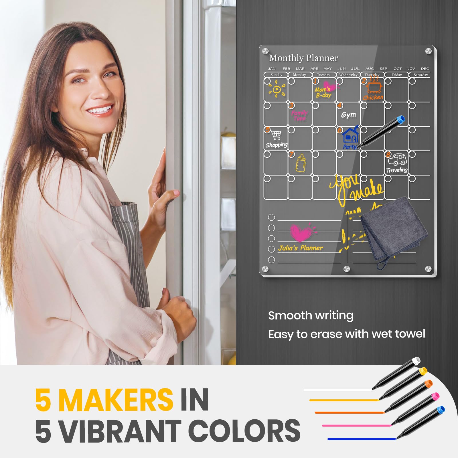 Acrylic Magnetic Fridge Calendar, Clear Dry Erase Board Calendars for Refrigerator, 2 in1 Monthly Calendar to Do List Board, Calendar WhiteBoard Kitchen Menu Planner Board with Markers (White)