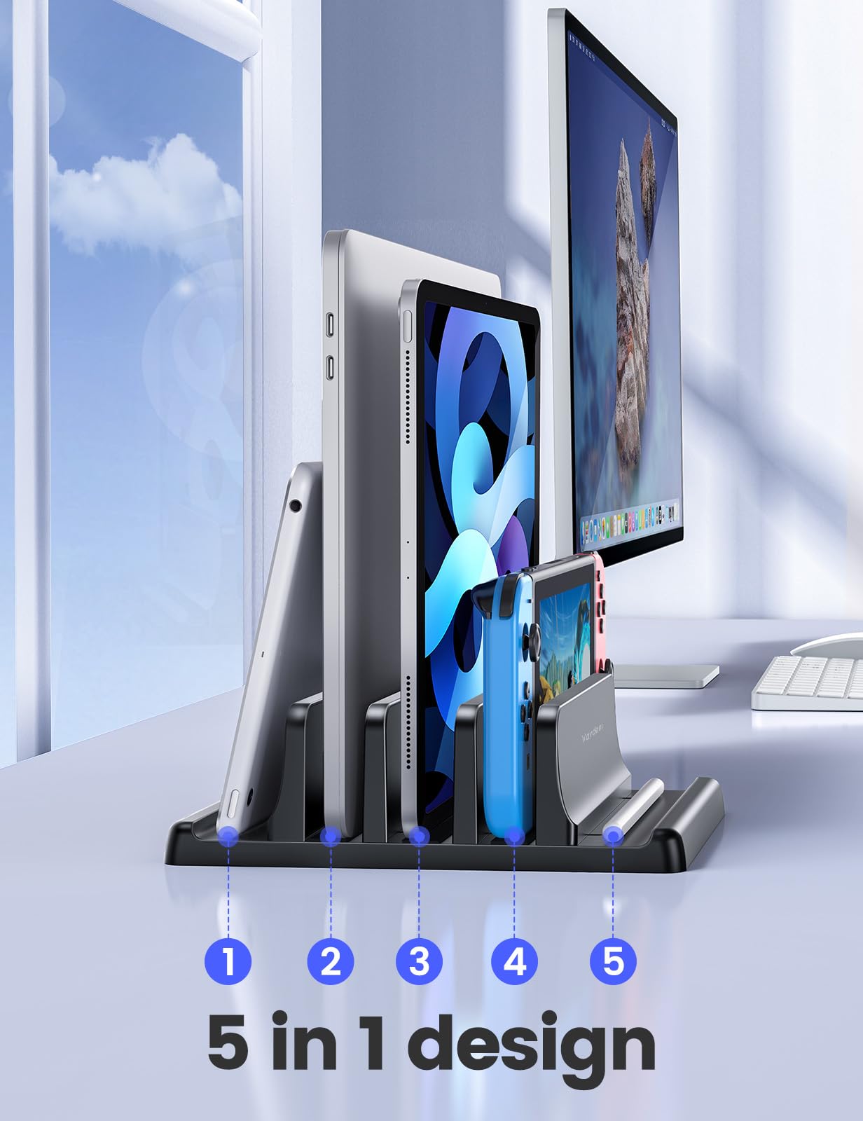 Vaydeer 3-Slot Vertical Laptop Stand Made of Premium ABS Plastics 5 in 1 Design Space-Saving Adjustable Desk Organizer for All MacBook/Chromebook/Surface