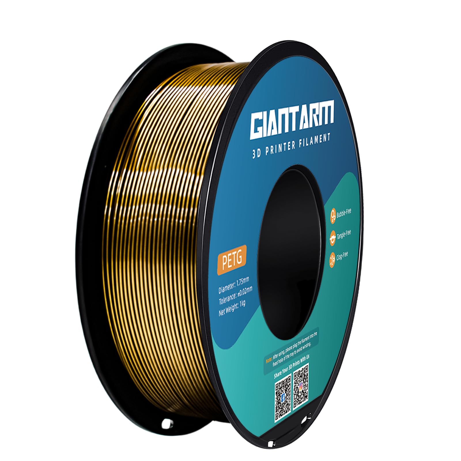 GIANTARM PETG 3D Printer Filament 1.75mm Metal Copper, Dimensional Accuracy +/-0.03mm, 1kg (2.2lbs), 1080 Feet （330m） Per Roll, Vacuum Packaging, Toughness Enhanced, Fit for Most 3D FDM Printer