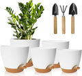 5 Pack Plant Pots 7/6.5/6/5.5/5 Inch Self Watering Planters with Mesh Drainage Holes and 3 Garden Tools for Indoor Outdoor Garden Plants Flowers (White)