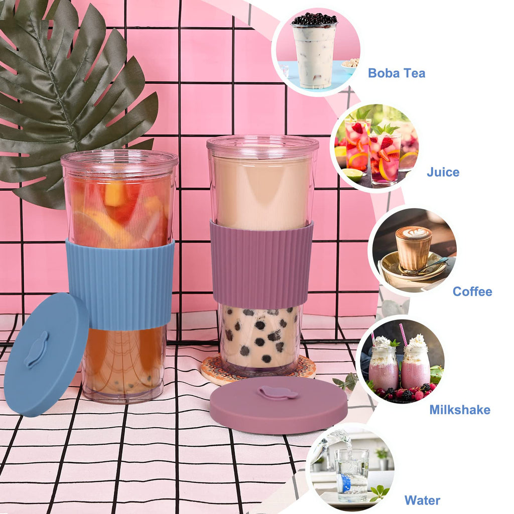 UHAPEER 2 Pack Reusable Boba Tea Cups, 24oz Iced Coffee Cup with Straw and Lid, Leakproof Clear Plastic Cups Tumbler, Double Wall Insulated Smoothie Tumbler, Wide Straw for Bubble Tea, Pink and Bule