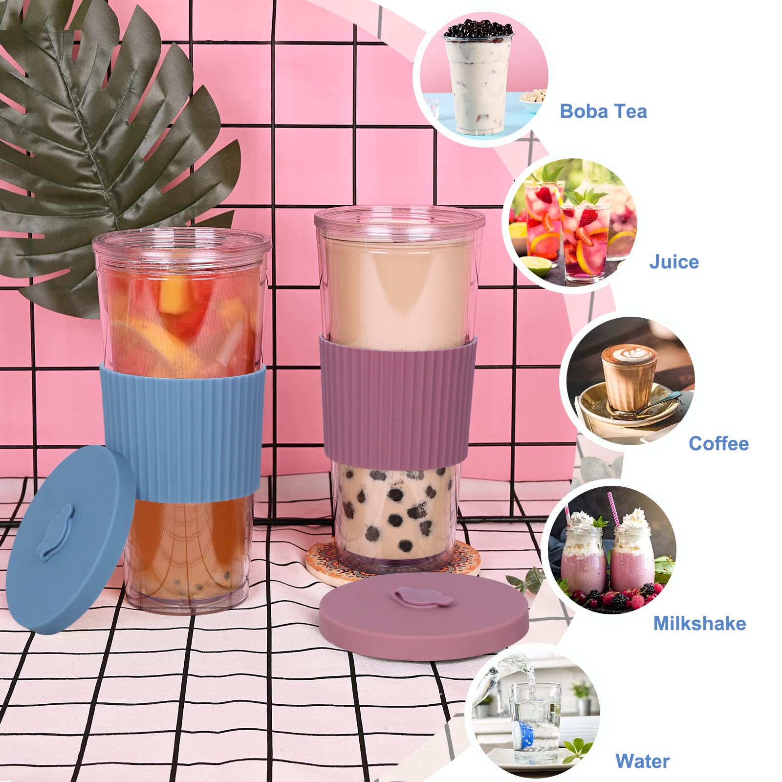 UHAPEER 2 Pack Reusable Boba Tea Cups, 24oz Iced Coffee Cup with Straw and Lid, Leakproof Clear Plastic Cups Tumbler, Double Wall Insulated Smoothie Tumbler, Wide Straw for Bubble Tea, Pink and Bule