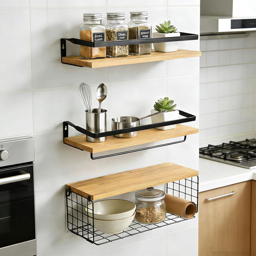 Pack of 3 Bathroom Shelves Wall Mounted Floating Shelf Over Toilet with Towel Holder & Metal guardrails & Storage Basket for Toilet Paper Rustic Wood Corner Decor Organizer for Kitchen (Brown)