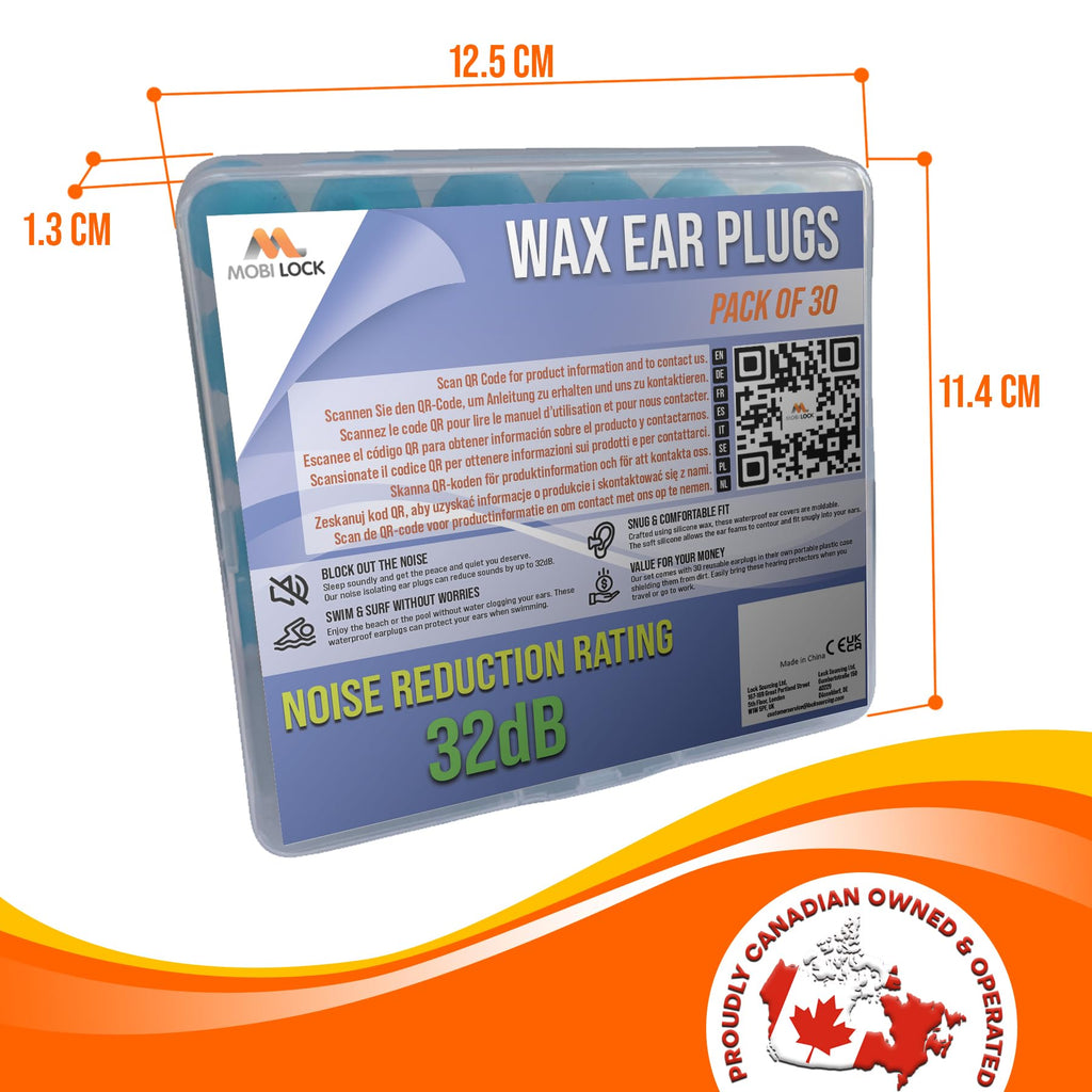 30pcs Reusable Silicone Wax Ear Plugs 32dB Noise Cancelling Earbuds for Sleeping, Hearing Protection, Travel, Concerts, Swimming - Comes with a Durable Plastic Case - by Mobi Lock