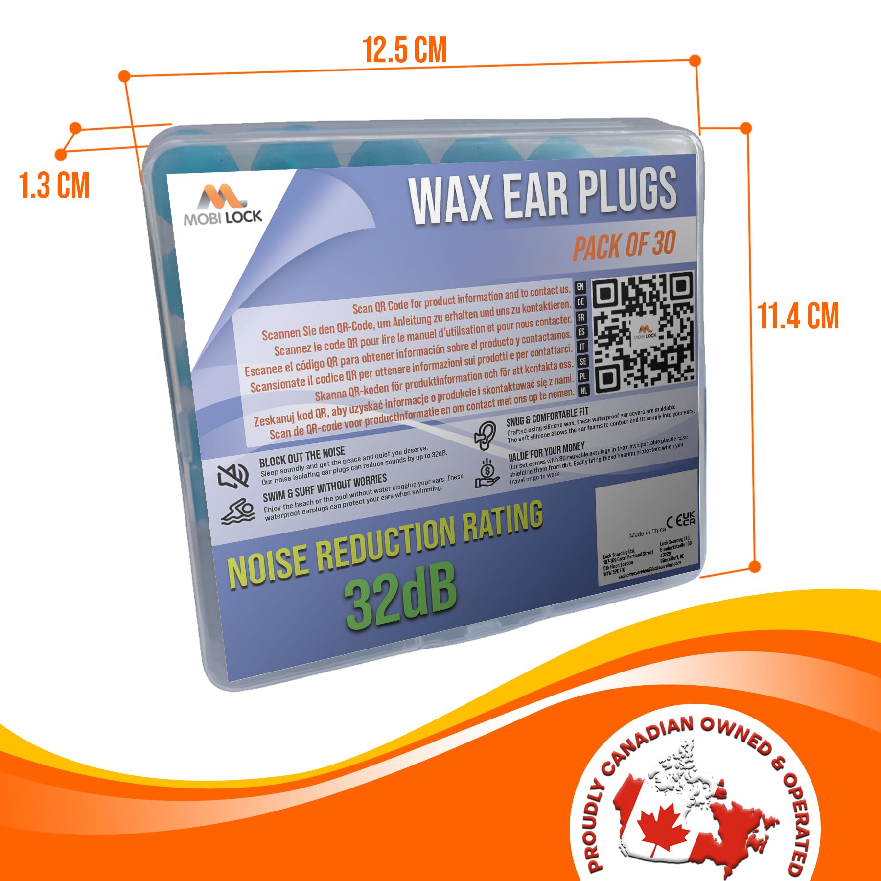 30pcs Reusable Silicone Wax Ear Plugs 32dB Noise Cancelling Earbuds for Sleeping, Hearing Protection, Travel, Concerts, Swimming - Comes with a Durable Plastic Case - by Mobi Lock