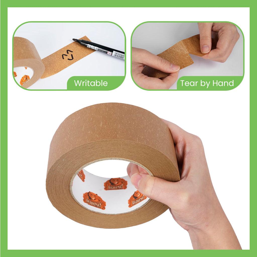 TAPEBEAR Eco-Friendly Kraft Paper Packing Tape, Biodegradable Heavy Duty 50mm x 50m, Recyclable Box Packaging Tape Self Adhesive for Shipping, Sealing, Moving & Masking, 6Rolls