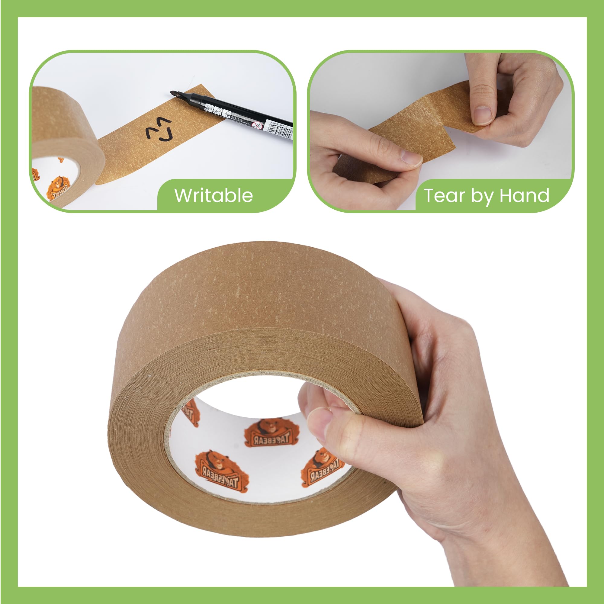 TAPEBEAR Eco-Friendly Kraft Paper Packing Tape, Biodegradable Heavy Duty 50mm x 50m, Recyclable Box Packaging Tape Self Adhesive for Shipping, Sealing, Moving & Masking, 6Rolls
