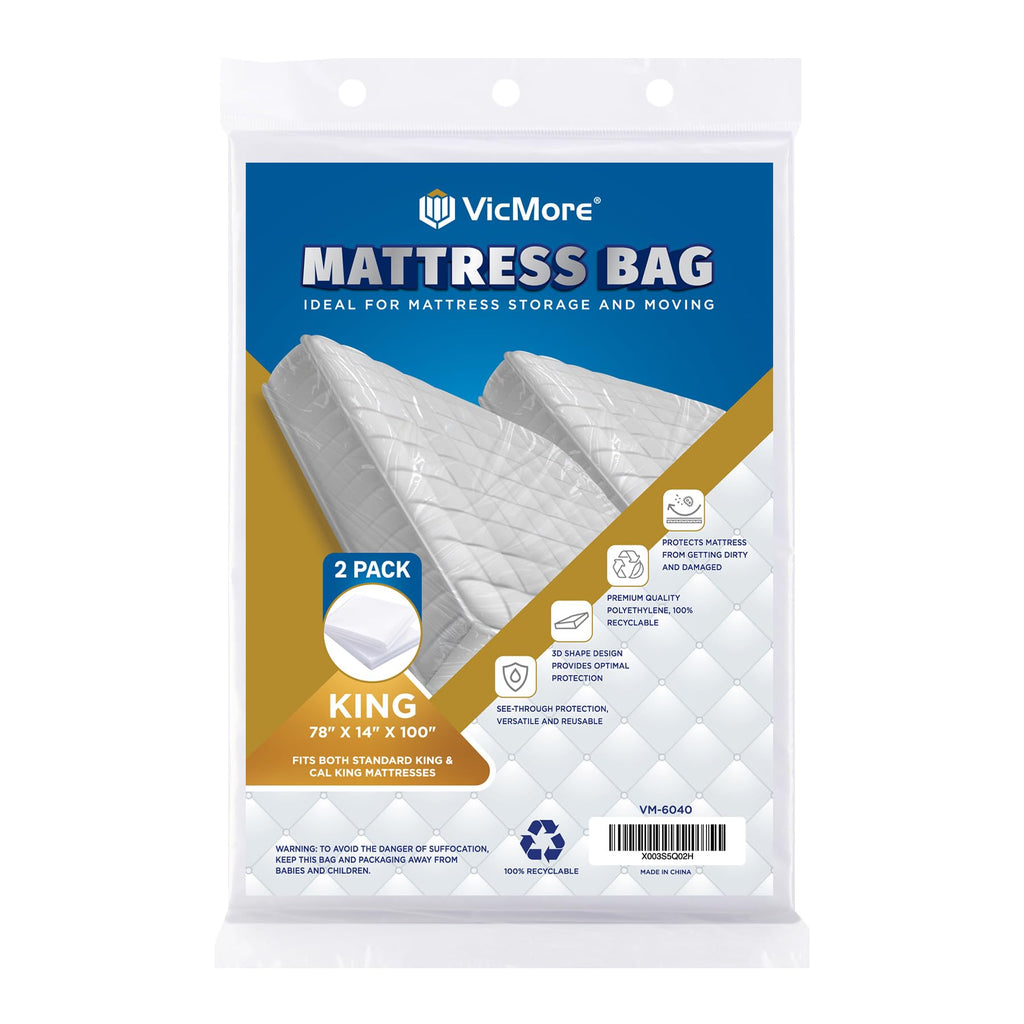 VICMORE 2 Pack King Size Mattress Bags for Moving and Storage — 78" x 100" Plastic Mattress Covers, Waterproof Protector for King and Cal King Beds, Mattress Disposal Bags