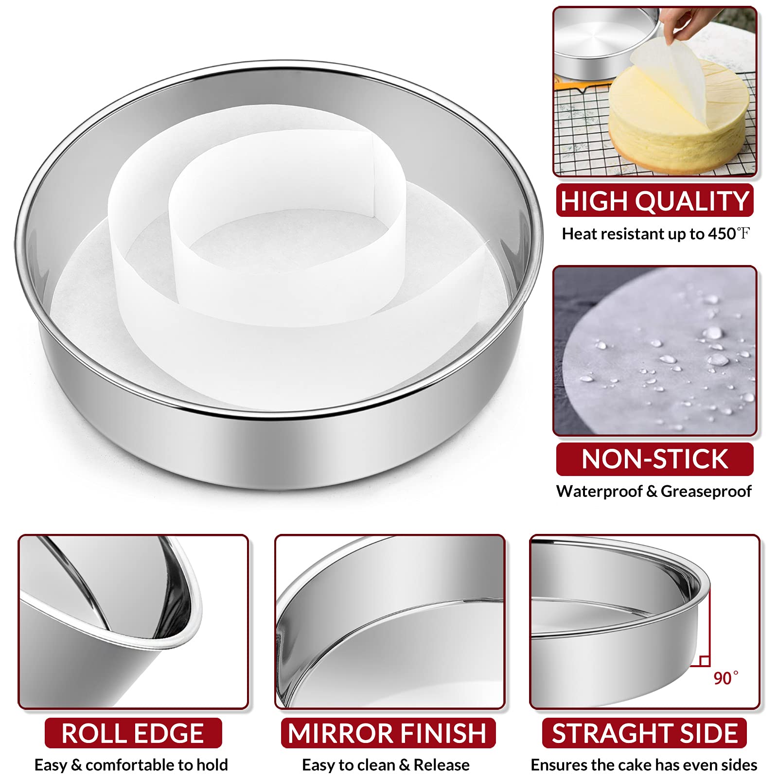 6 Inch Cake Pan Set of 2, E-Far Stainless Steel Round Layer Smash Cake Baking Pans with Parchment Rounds & Side Liner Roll, Non-Toxic & Healthy Metal Cakes Tin, Straight Side & Dishwasher Safe