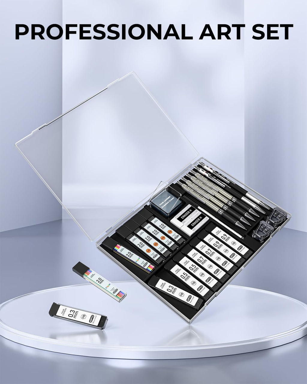 Four Candies 27PCS Art Mechanical Pencil Set with Case, 4PCS Metal Drawing Pencil 0.3, 0.5, 0.7, 0.9 mm & 2PCS 2mm Lead Holder (HB 2H 2B 4B Color) with 552 Graphite Lead Refills for Drawing Sketching