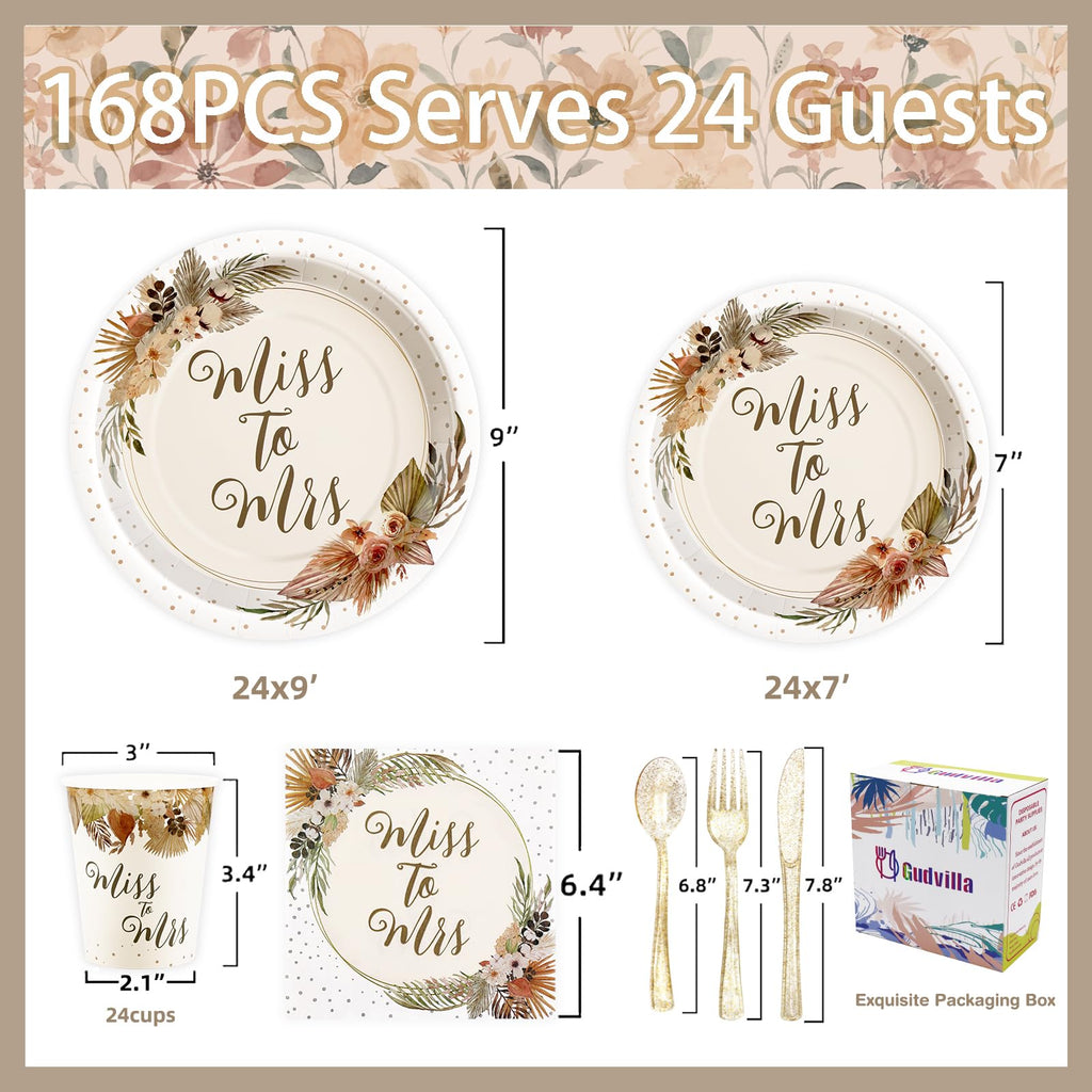 Gudvilla Boho Bridal Shower Decorations, 168Pcs Bridal Shower Plates and Napkins Sets Serve 24, Miss to Mrs, Love is In Bloom, Love is Brewing, Bride To Be, Bachelorette, Fall in Love Wedding Shower