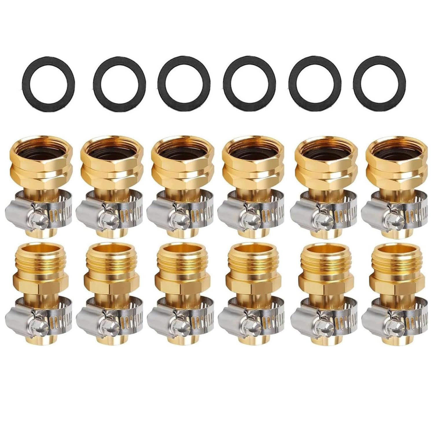 6 Pack Garden Hose Repair Kit with Stainless Clamp, Water Hose Mender Female and Male Hose Connector with Clamps, Fit 5/8" and 3/4" Rubber Garden Hose
