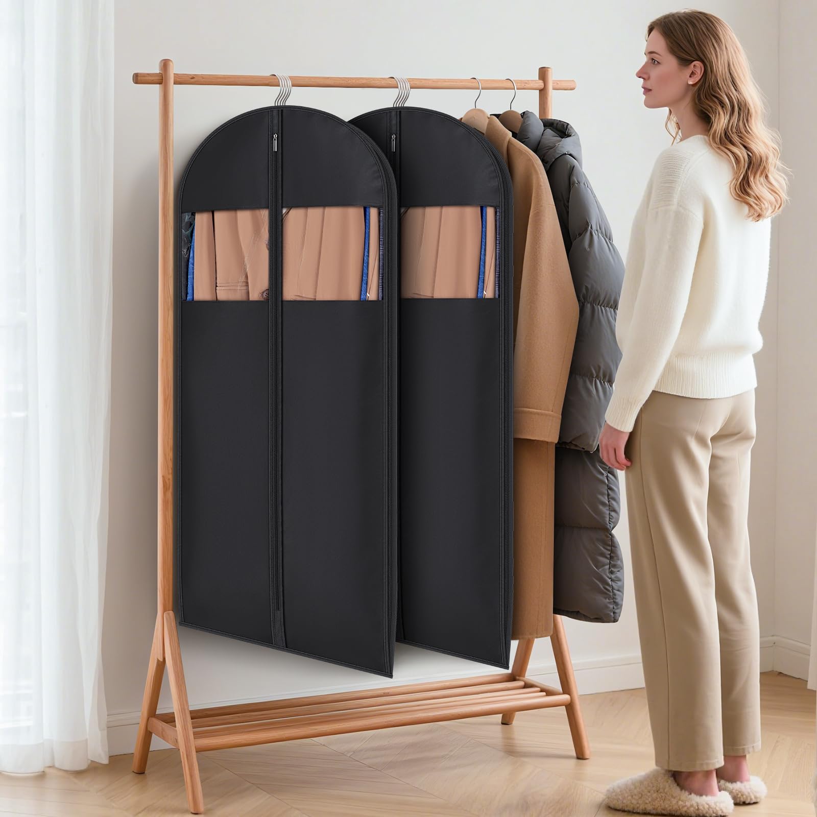 Syeeiex 2 PC 54'' Space Saving Hanging Garment Bags for Closet Storage with Self Compression Zipper, Garment Bags for Hanging Clothes with 8'' Gussets, Clear Window