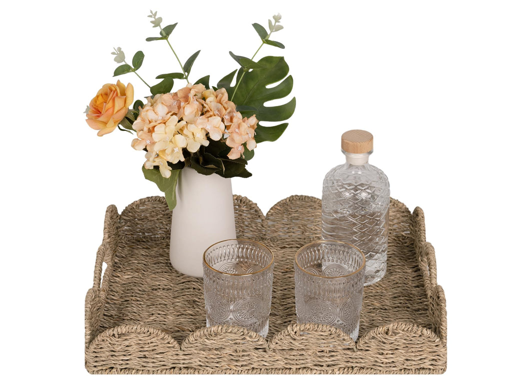 StorageWorks Rectangle Wicker Scalloped Tray, Rattan Serving Trays with Handles, Seagrass Basket for Decorative & Organizing, 15.75" L x 11.5" W x 2.75" H