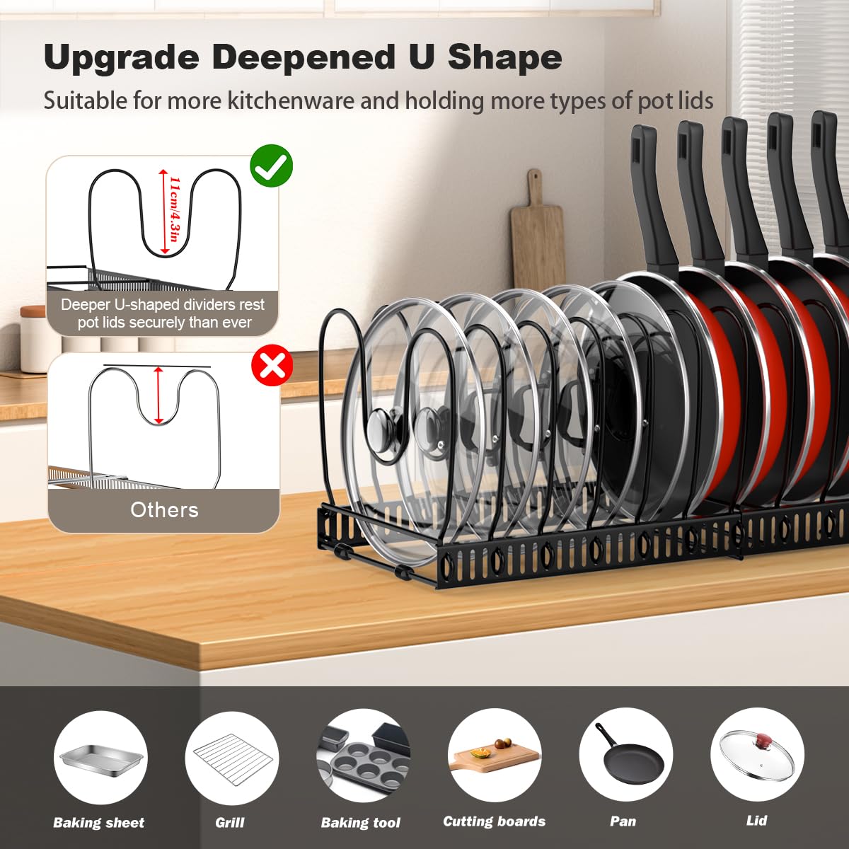 Housolution Pot and Pan Organizer Rack for Cabinet, Expandable Pot Lid Organizer with 14 Adjustable Dividers, Pan Holder Storage Rack for Kitchen Cabinet, Black