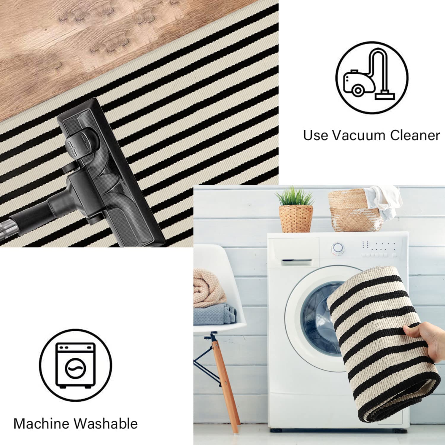 famibay Black and Beige Front Door Mat Outdoor Cotton Handwoven Farmhouse Layered Door Mat 2x4.2Ft Washable Striped Porch Rug Carpet Mat for Entrance Balcony Bedroom