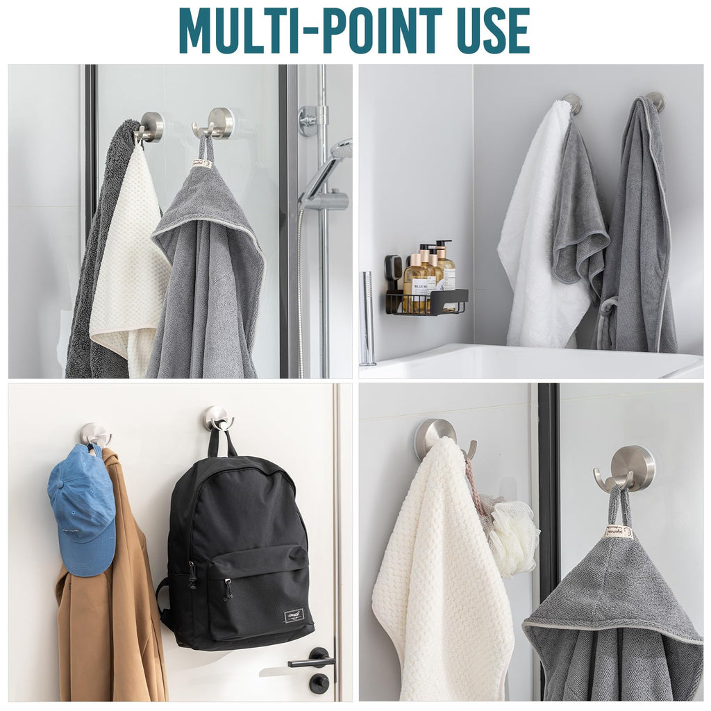 TAILI 304 Stainless Steel Bathroom Suction Hooks for Towel, Bathrobe, Loofah, Patented Strong Suction Cup Holder, No Damage Hanging Glass Shower Wall Hook, Double-Hook Sleek Design, 2 Pack