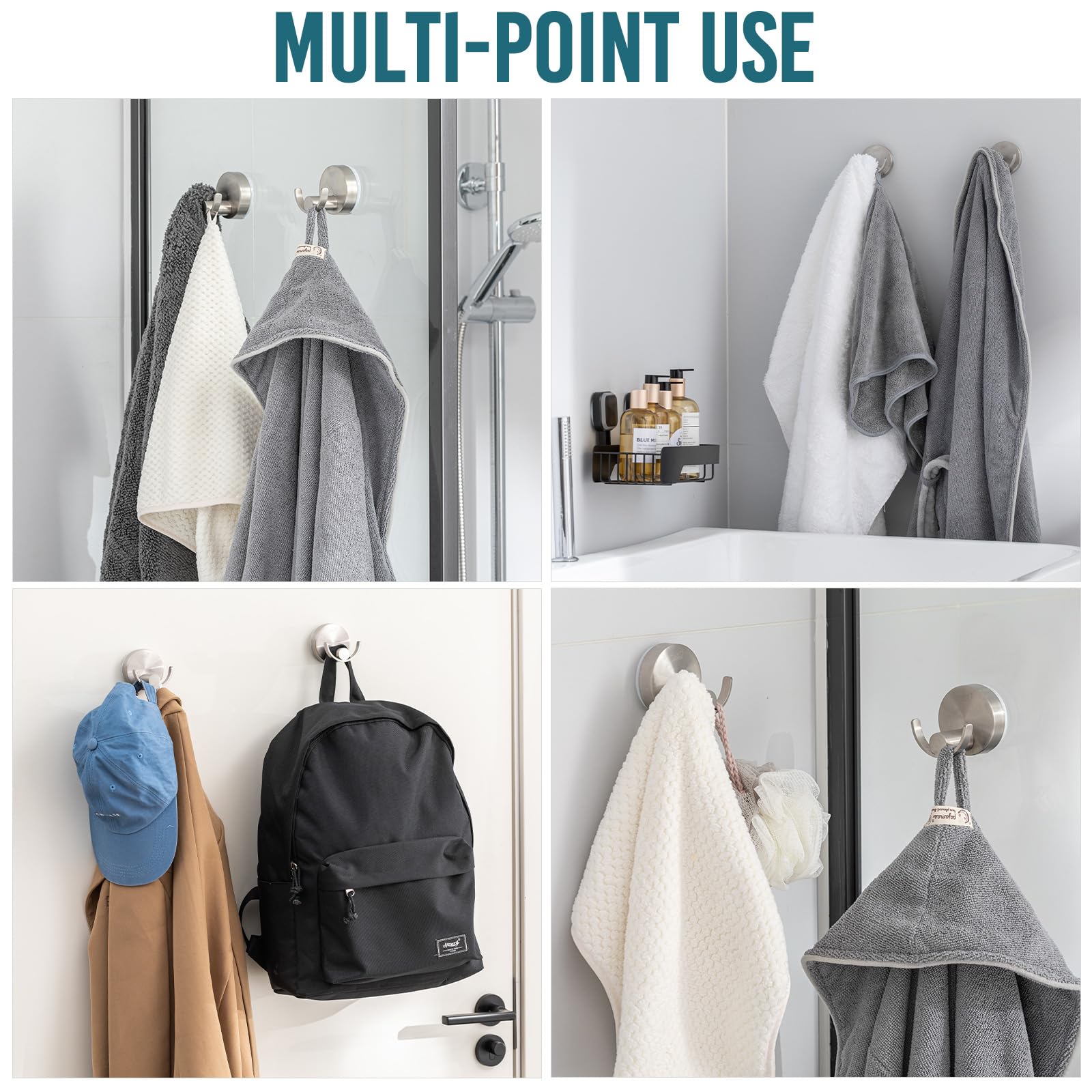 TAILI 304 Stainless Steel Bathroom Suction Hooks for Towel, Bathrobe, Loofah, Patented Strong Suction Cup Holder, No Damage Hanging Glass Shower Wall Hook, Double-Hook Sleek Design, 2 Pack