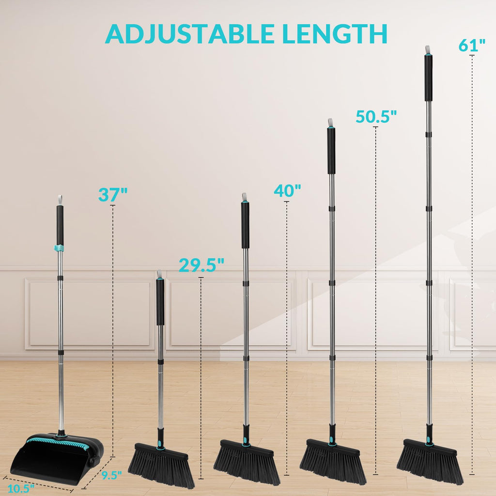 Broom and Dust Pan 61” Long Handle Broom and Dustpan Set with 180° Rotatable Broom Head for Home Office Kitchen Lobby Cleaning Upright Standing Broom and Dustpan