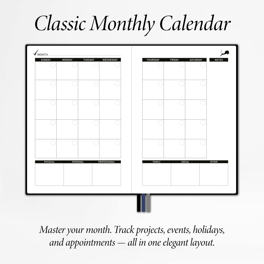 Daily Planner, Calendar & Gratitude Journal to Improve Time-Management, Productivity & Happiness | Vegan Leather Hardcover Organizer with Blank Dates, Undated 6 Months ADHD Planner, 24 Hour Agenda, Teacher Planner & Calendar (Black)