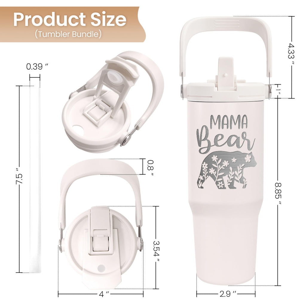 Mom Tumbler 30oz, Mama Bear Tumbler Stainless Steel Insulated Coffee Travel Mug with Handle & Flip Straw Lid, Gifts for Mommy, Presents for Mom for Christmas Birthday Mothers Day Valentines