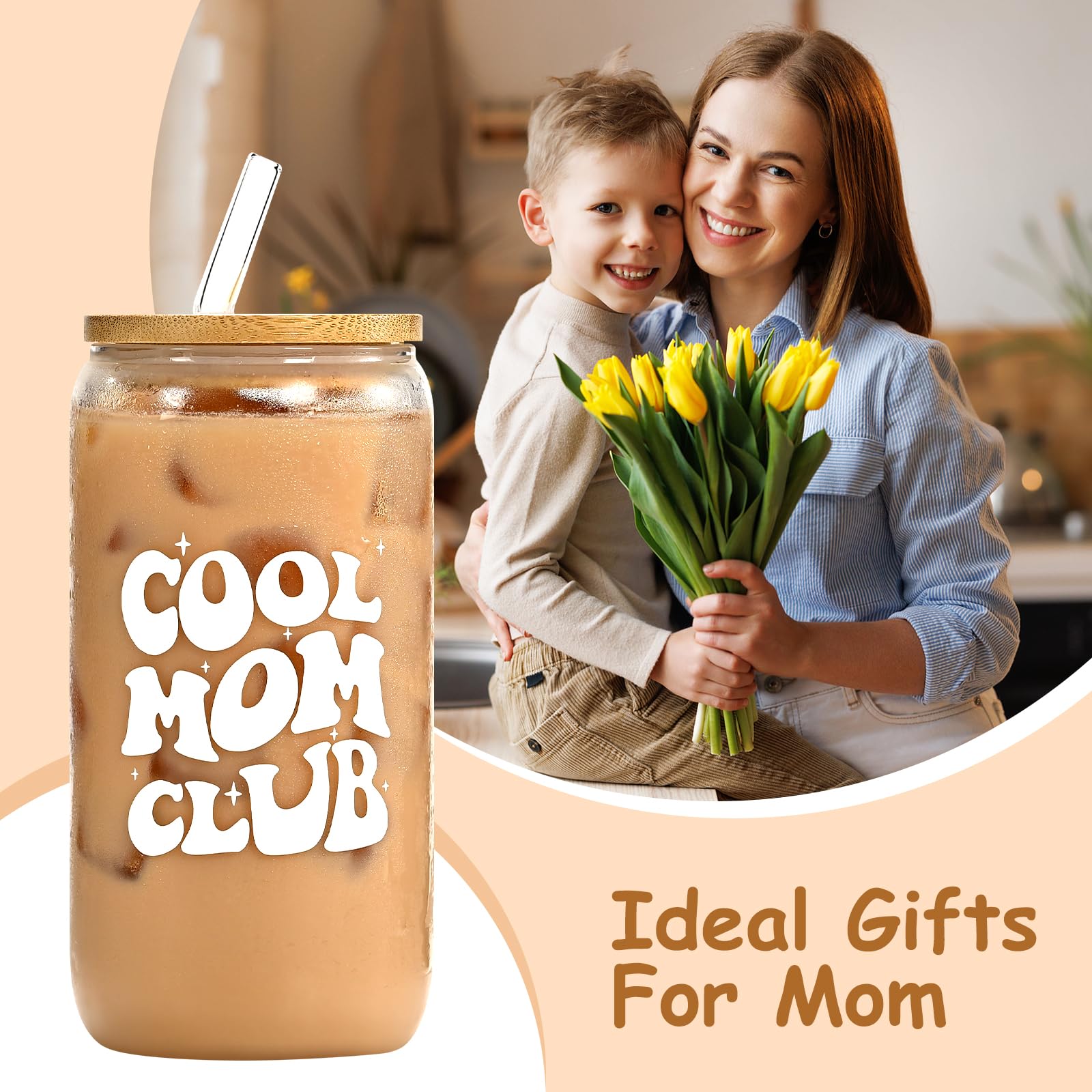 Mom Gifts, Mothers Day Gift from Daughter, Son, Husband, Mom Birthday Christmas, 16oz Glass Cup with Bamboo Lid