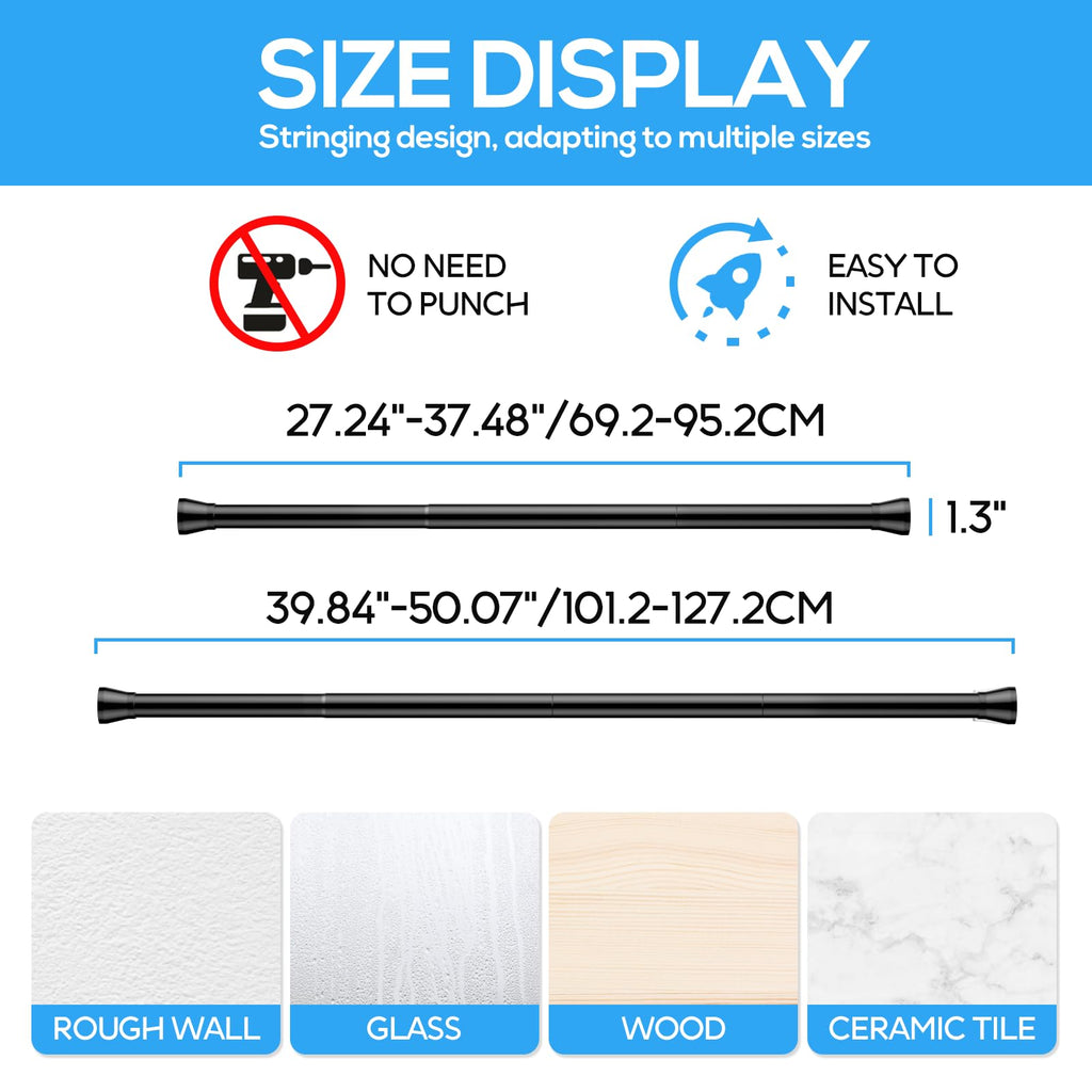 ZipGlo Tension Curtain Rod Adjustable Curtain Rod 28 to 48 Inch, Black Tension Rod Spring Curtain Tension Rod, Curtain Rod No Drill for Bathroom, Windows