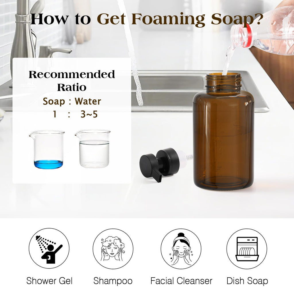 Luxspire Foaming Soap Dispenser, Glass Foam Pump Soap Dispenser, Non-Slip Hand Soap Dispenser with 5 Waterproof Labels, 15 Oz Refillable Liquid Soap Dispenser for Bathroom & Kitchen, Amber, 2 Pack