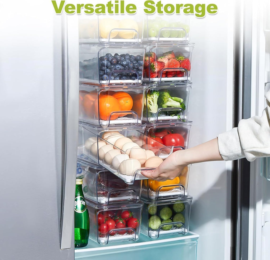 Brippo Pull-Out Fridge Organizer, 2-Pack Stackable Refrigerator Drawer Organizer Bins, Clear Vegetables, Food, Fruit Storage Containers with Lid and Strainer Layer