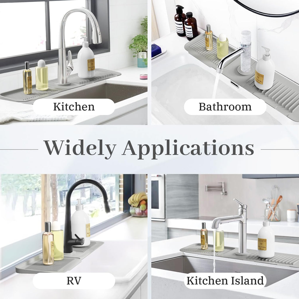 PoYang 24 inch Kitchen Sink Splash Guard, Silicone Draining Mat for Sink Longer Silicone Faucet Drainer Pad, Sink Protector for Kitchen Sink Mat, Sponge Holder for Kitchen Sink Accessories, Light Grey