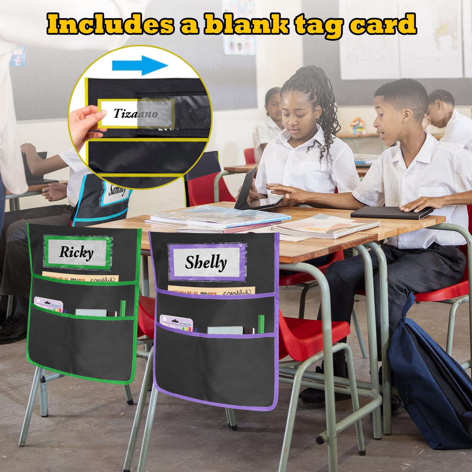 12 Pack Chair Pockets for Classrooms, Seat Sacks with 3 Heavy Duty Storage Pocket, Chair Back Buddy Pocket with Name Tag Slot, Ideal Back to School Supplies, Classroom Must Haves (Multicolor)