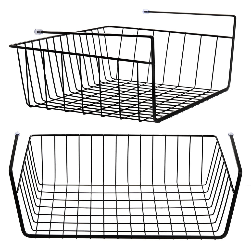 Tebery 2 Pack Black Under Cabinet Storage Shelf Wire Basket Organizer Fit Dual Hooks for Kitchen Pantry Desk Bookshelf