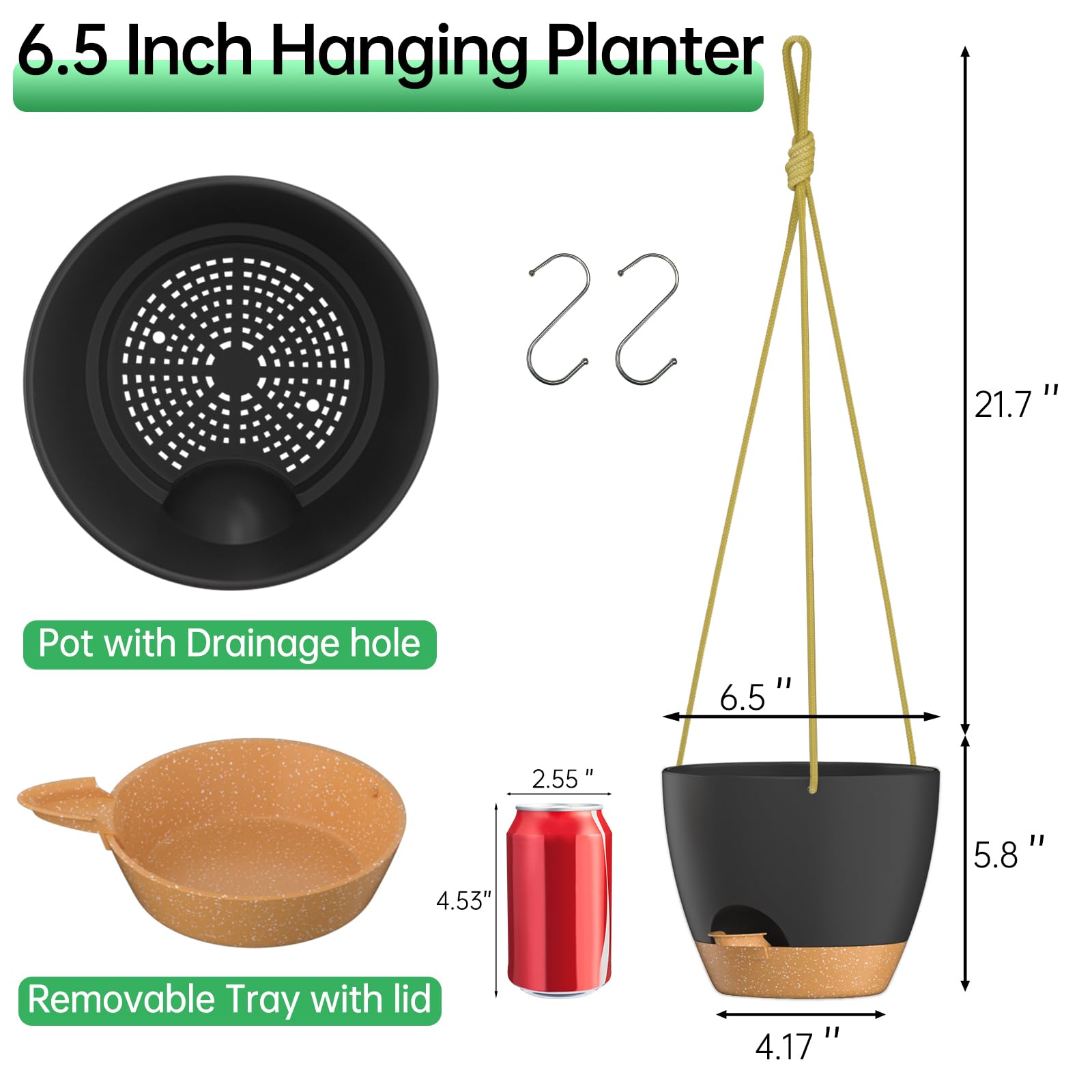 ZMTECH 6.5 Inch Hanging Planters for Indoor Outdoor Plants, 2 Pack Self Watering Hanging Plant Pots with Drainage Holes and Removable Saucer, Plastic Flower Hanging Pots with Watering Lip (Black)