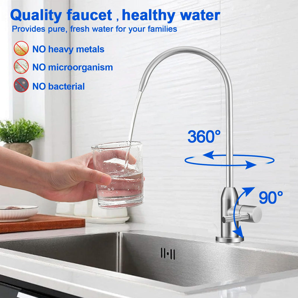 Drinking Water Faucet - Long Thread Stem Filtered Water Tap for Thick Countertop,Lead-Free RO Faucet with Hose and Push Connect Fittings(Brushed Stainless)