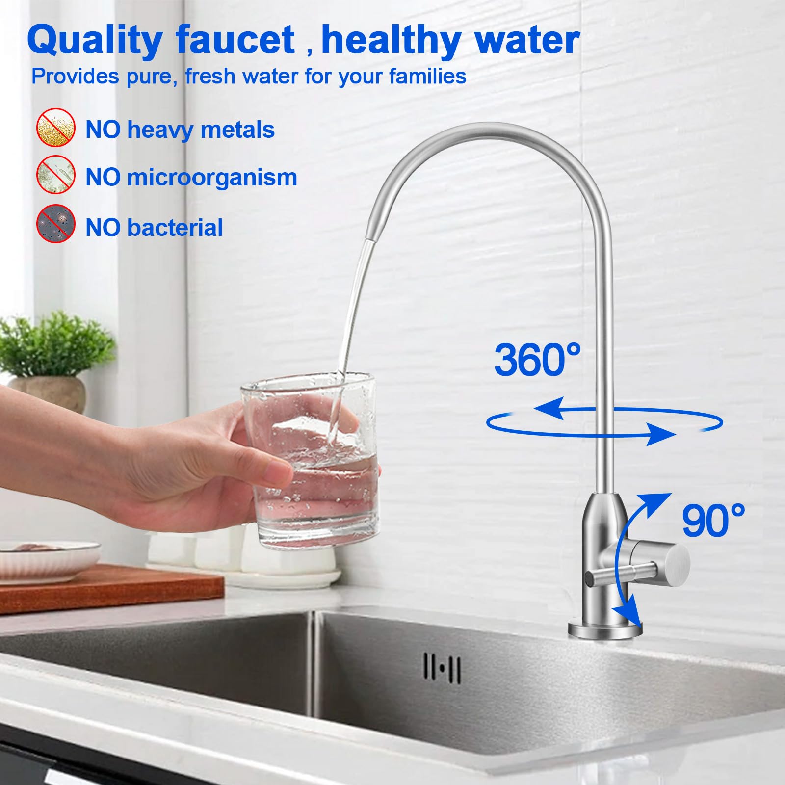 Drinking Water Faucet - Long Thread Stem Filtered Water Tap for Thick Countertop,Lead-Free RO Faucet with Hose and Push Connect Fittings(Brushed Stainless)