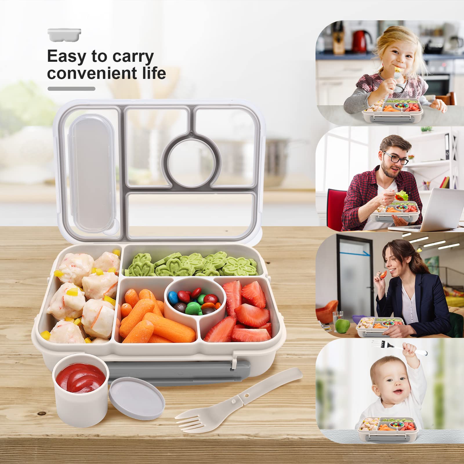Amathley Bento Box Adult Lunch Box Kids,Lunch containers for Adults/Kids/Toddler,5 Compartments bento Lunch Box for Kids with Sauce Vontainers,Microwave & Dishwasher & Freezer Safe (Milky)